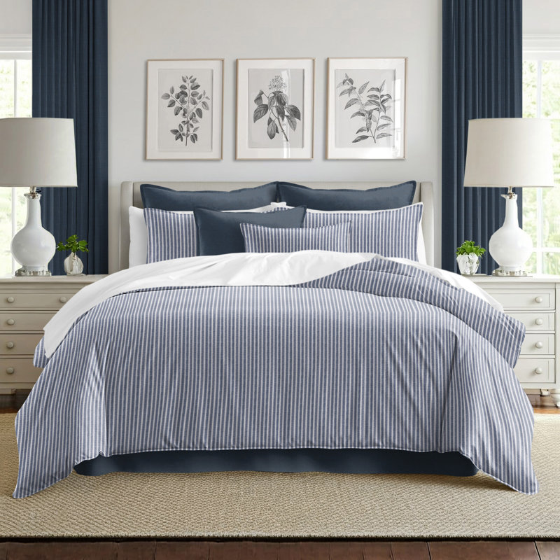 Walker Ticking Stripe Indigo/White Cotton Duvet Cover Set, Super King Duvet Cover + 2 King Shams