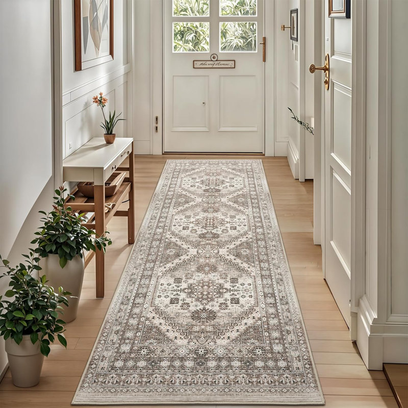 Medallion Non Slip Washable Rug(Brown), Runner 2'6" x 8'