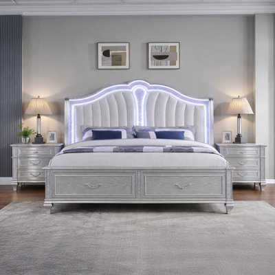 Motomitsu 3PC Bedroom Set Silver (Bed + 2 Nightstands)