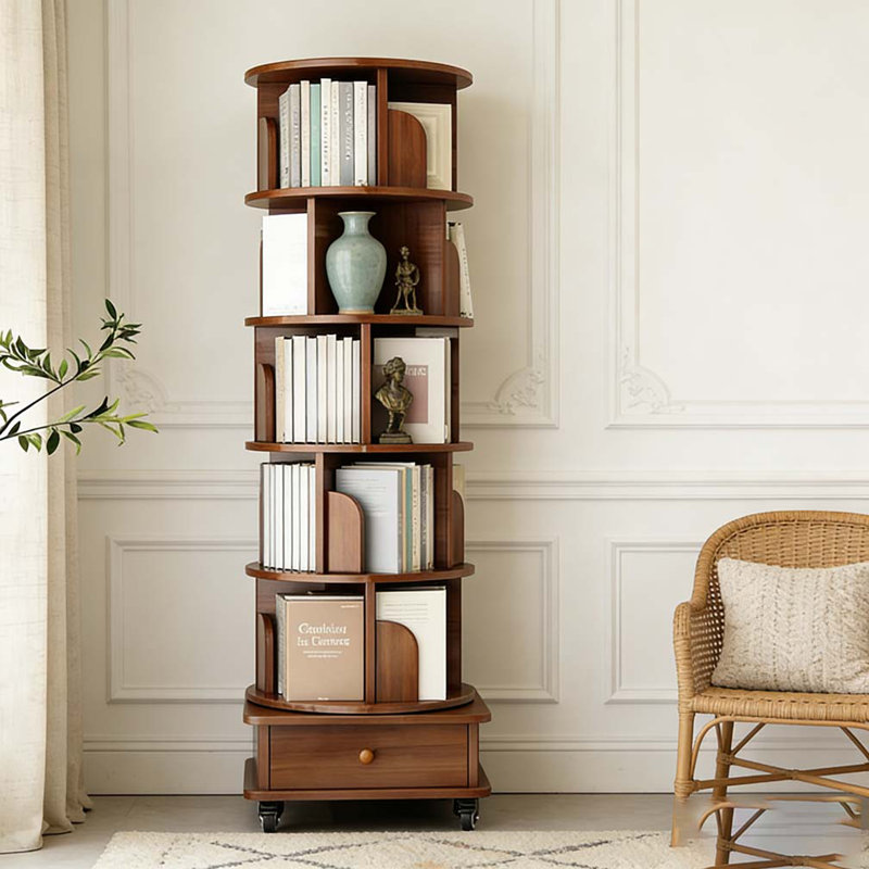 Bibliothèque rotative avec tiroir, bibliothèque d'angle à 6 niveaux à 360 degrés pour étagères, bibliothèque sur pied, Noyer