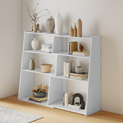 Bibliothèque moderne extensible, bibliothèque courte à 3 niveaux avec rangement ouvert, tablette d'angle extensible pour petit espace de salon, bureau, chambre à coucher, bureau, blanc