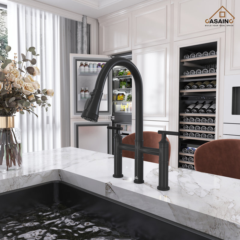 Matte Black Stainless Steel Bridge Kitchen Faucet with Pull-out Spray