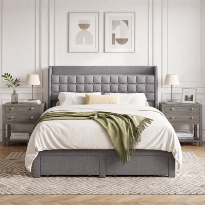 Chrisha Bedroom Set: Upholstered Tufted Storage Platform Bed With 2 Foot Drawers & Storage Headboard + Nightstand With Drawer, Shelf And Pull-Out Tray