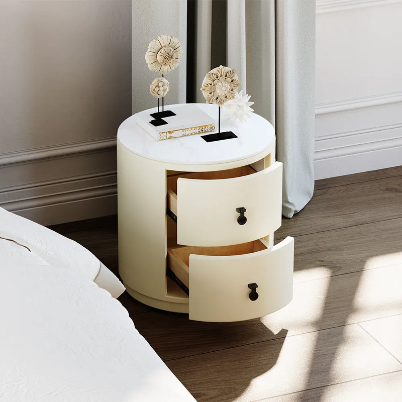 Table de chevet ronde 18,5 po avec deux tiroirs, beige
