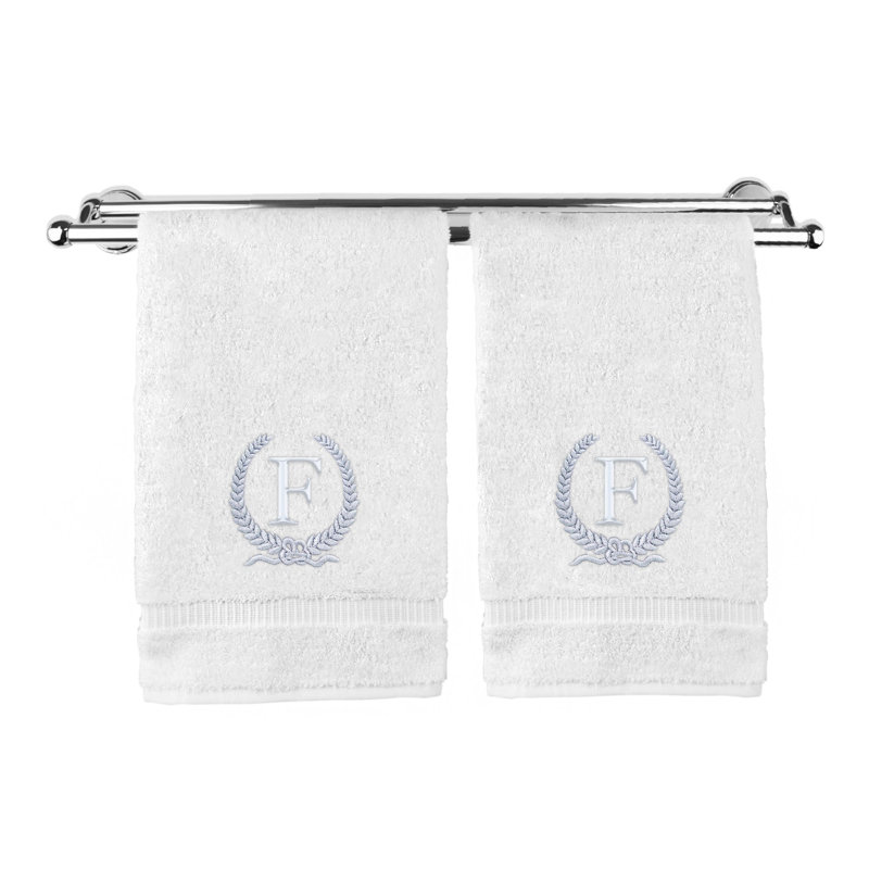 Essuie-mains monogramme - ensemble de 2 - lettre de conception de couronne, F, Blanc / argenté