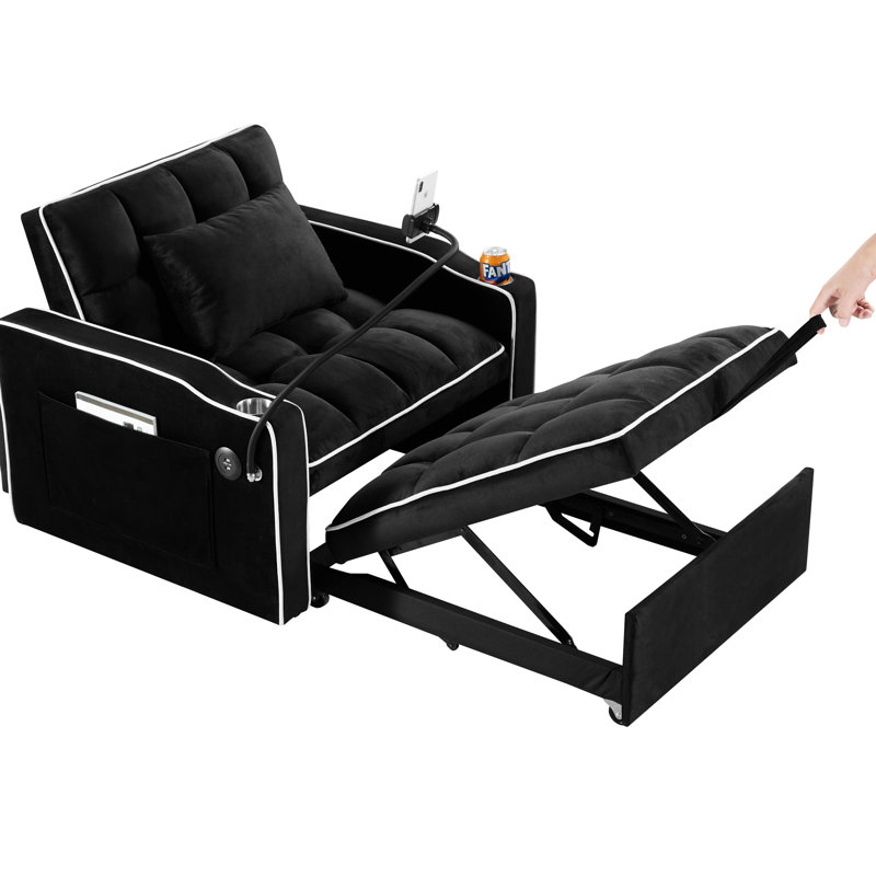 Fauteuil-lit ajustable, en velours noir, s'adaptant aux petits espaces et aux besoins variés du fauteuil convertible, pour une détente confortable