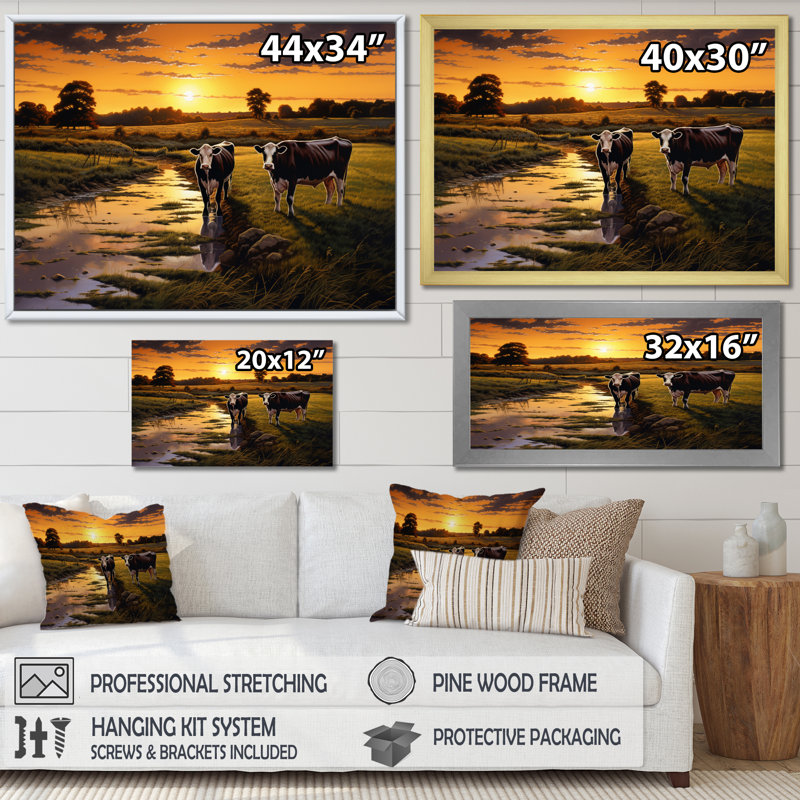" Cows At Farm Landscape IV ", White Single Picture Framed, 12" H x 20" W x 1" D