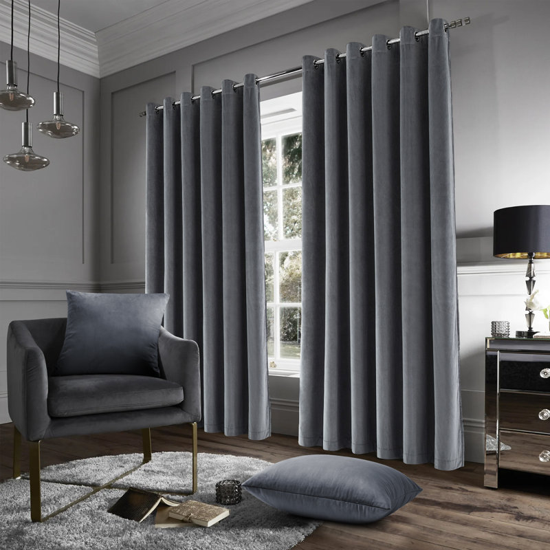 Stockholm Heavy Crushed Velvet Eyelet Sheer Curtains, Grey, Width 168 x Drop 183 cm