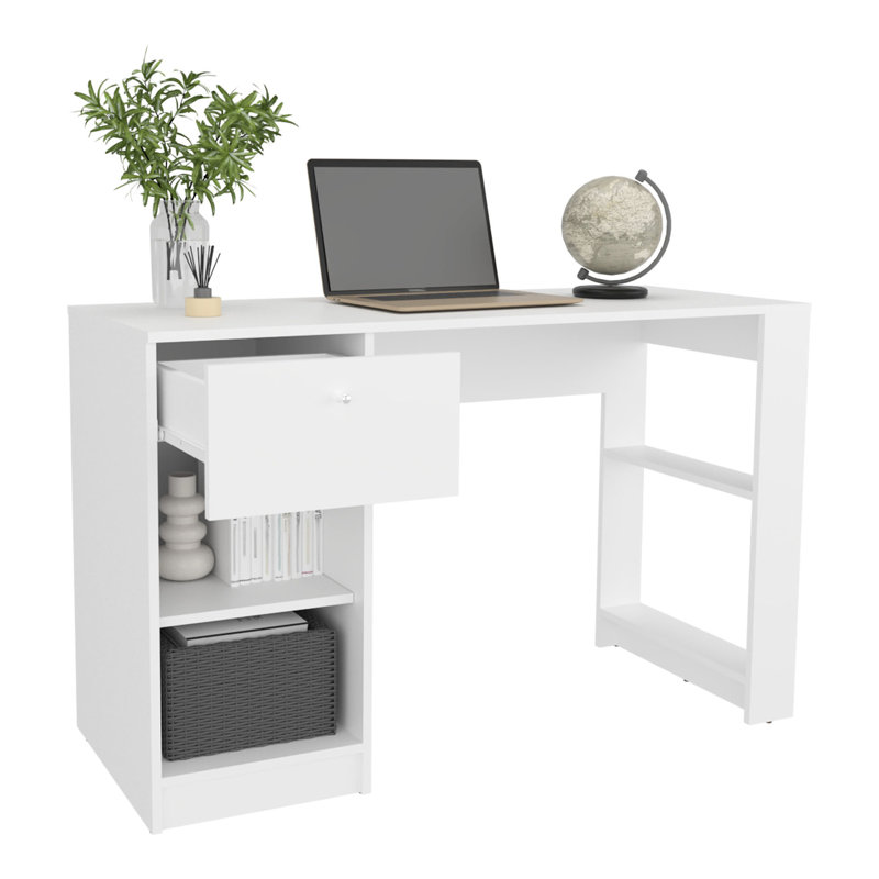 Bureau de 47 po de largeur avec rangement pour l'organisation - Bureau à la maison rectangulaire blanc moderne avec un tiroir et quatre tablettes