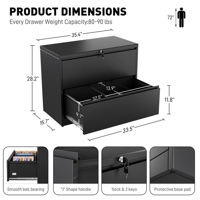 Ahanu 35.4'' Wide 2 -Drawer Steel File Cabinet, Black