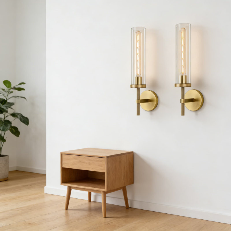 Ensemble de deux appliques murales modernes en laiton avec tube en verre transparent, lumières de meuble-lavabo, appliques en bronze pour la chambre à coucher, le salon, le couloir et l'escalier