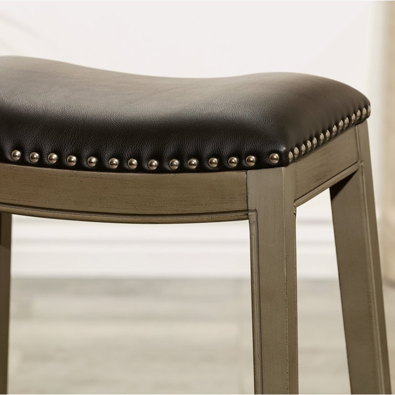 Tabouret à hauteur de comptoir 24 po, siège en cuir gris vieilli, Gris, Noir