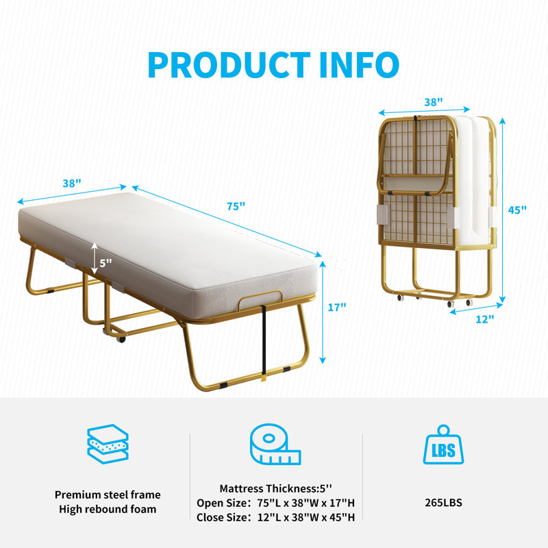 Mercer41 Folding Bed With Mattress - 75x38 Size Bed Frame - Portable Foldable Roll Away Adult Bed For Guest - 5-inch Thick Memory Foam Mattress - Space Saving Fold Up Bed For Easy Storage
