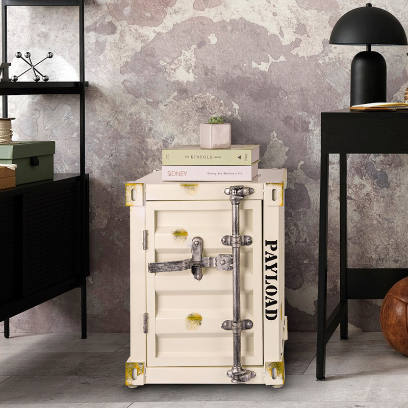 Trenecia Industrial Container Iron Block End Table with Storage Accent Chest, White