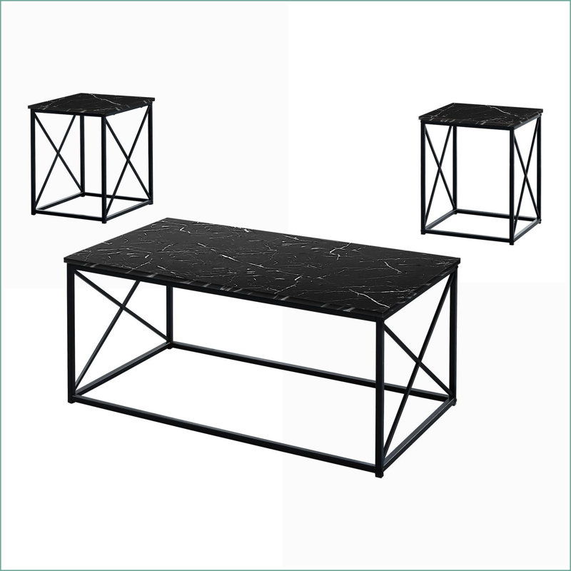 Ensemble de tables basses de salon avec 2 tables de bout - aspect marbre noir, structure en métal noir robuste, Noir, Noir