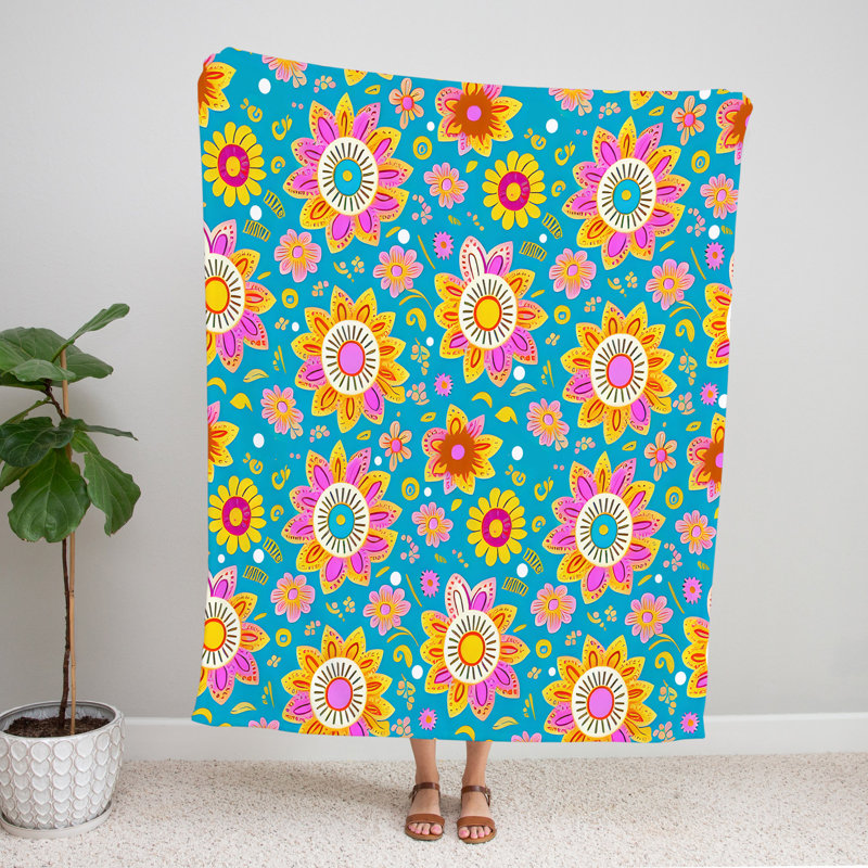 Throw Blanket, 68" W x 80" L, Floral/Abstract, Light Pink/Blue/Orange