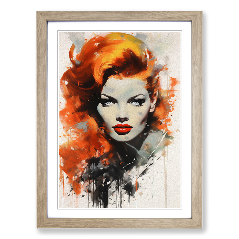 XYZ-FRM-V1223-5440 Red Headed Woman Gestural No.3 - Single Picture Frame Print on Wood, Oak, 34cm H x 25cm W x 2cm D