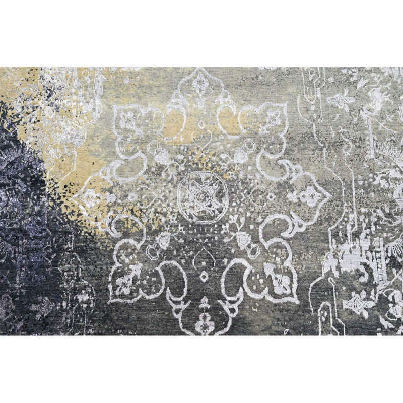 Tapis oriental noué à la main en gris / noir / beige, Rectangle de 10 pi x 14 pi