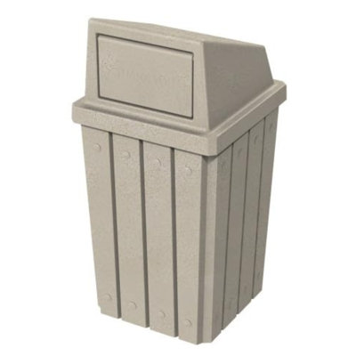 Poubelle intérieure et extérieure en plastique recyclé à lattes 100% recyclé Campus de 32 gallons avec couvercle à pousser |  Pour les écoles et les entreprises - Granit beige