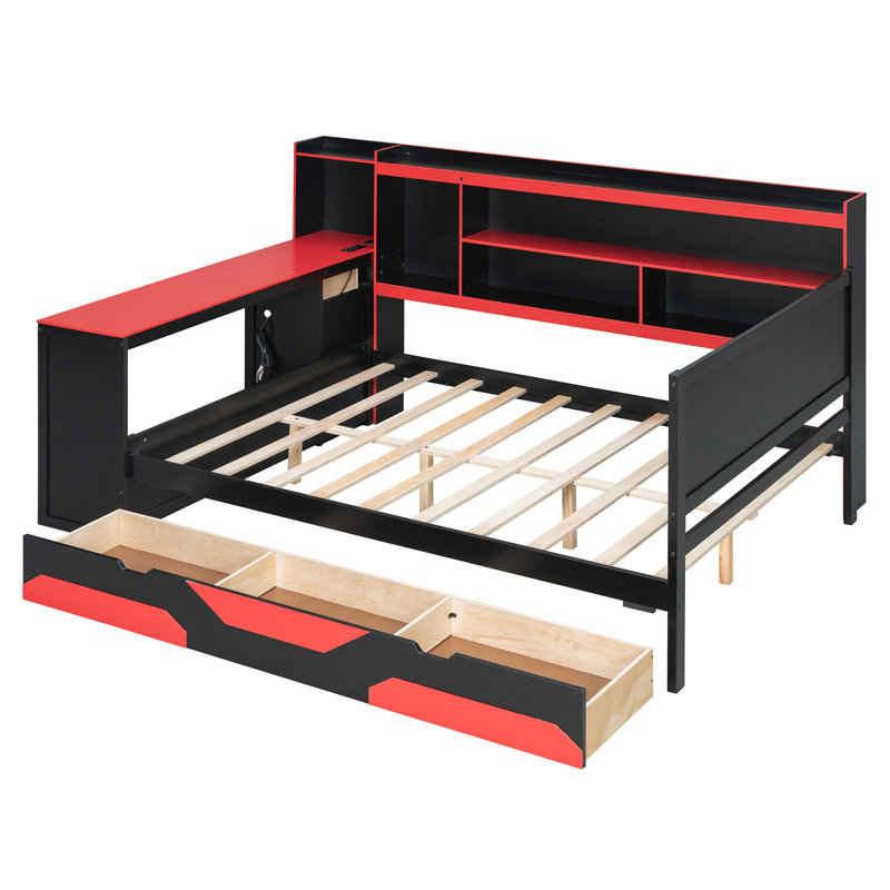 Lit de jour de jeu avec bureau, lumières DEL, station de charge et tiroirs, Lit double, Noir / Rouge