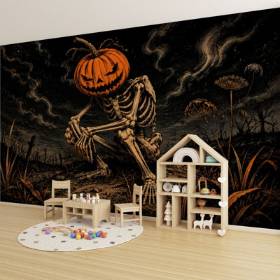 Peel and Stick Wallpaper 69" L x 96" W Modern Self Adhesive Wall Mural for Bedroom - With Halloween Skeleton Print