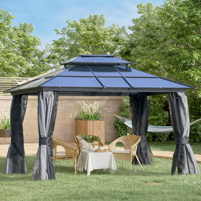 10' X 12' Gazebo With Polycarbonate Roof & Aluminum Frame, Outdoor Sanctuary For Patio, Garden, Backyard, Deck, Lawn, Gray Roof, Privacy Curtains -