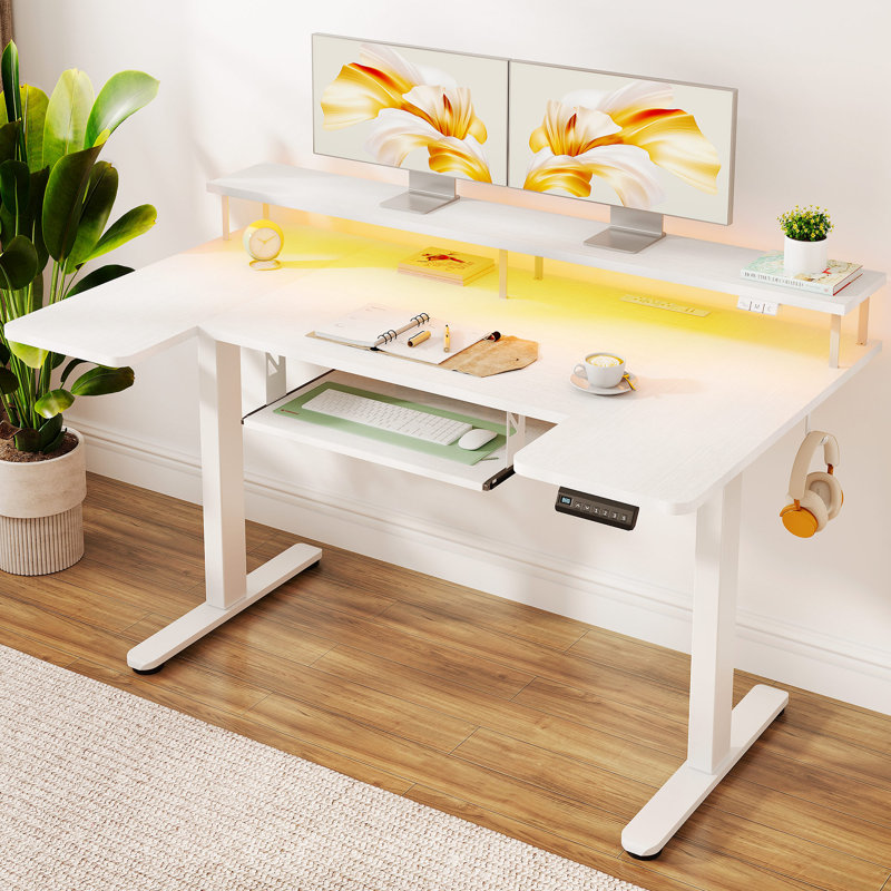 Standing Desk With Large Monitor Shelf,u Shaped Electric Standing Desk With Built-in Power Outlets, Gaming Desk With Led Light, Home Office Desk With Keyboard Tray,writing Desk With Versatile Hook
