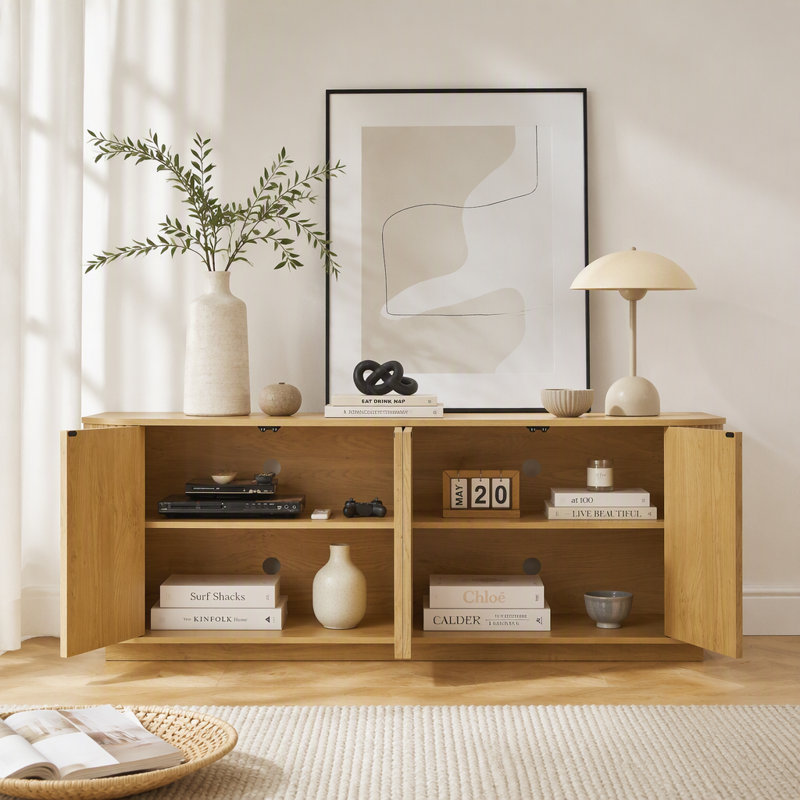Meuble télé avec buffet à motif ondulé et armoire à rayures verticales en bois pour cuisine / chambre à coucher / vestibule. Naturel, l 64 po x P 15 po x H 24 po.