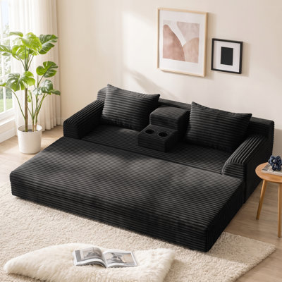 72" Striped Corduroy Convertible Sofa Bed, Fold Out Dual-Use Lounge Couch with Built-in Cup Holders and Pillows, Space Saving Furniture for Apartment Living Room Guest Room
