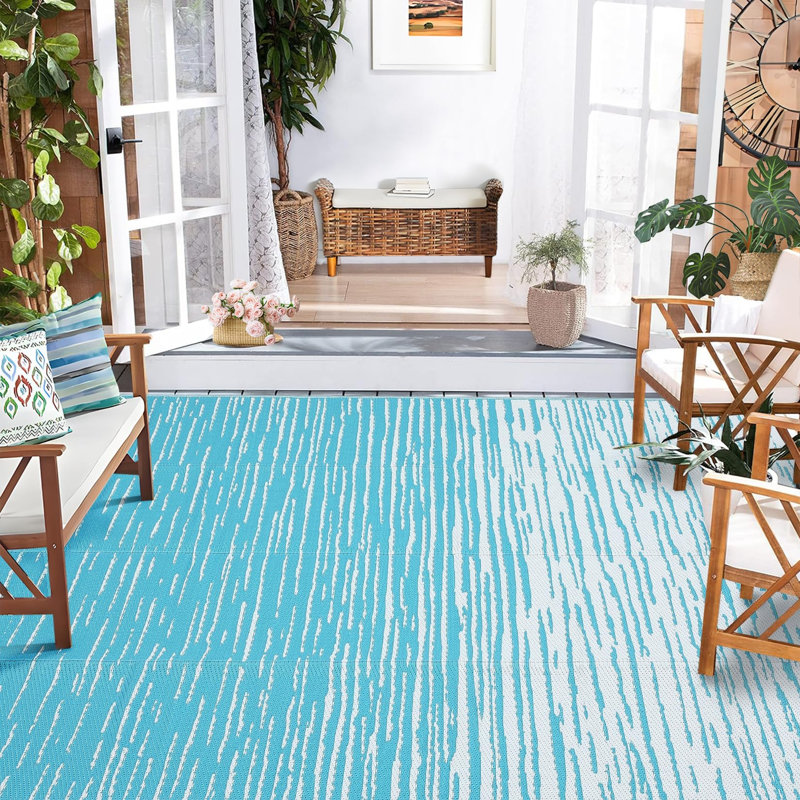 8x10 Striped Outdoor Rug, Waterproof Reversible Plastic Straw Rug, Modern Fade Resistant & Easy to Clean Rugs for Patio, RV, Backyard Deck, Porch, Beach Picnic, Pool, Light Blue