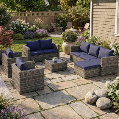 6 Piece All Weather Patio Furniture Set, Outdoor Wicker Rattan Sofa Conversation Set, Patio Sectional Sofa Set with Glass Table for Garden, Backyard