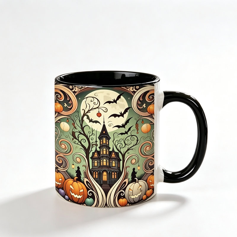 Ceramic Mug with a Gothic Victorian Design,Perfect for Halloween Celebrations, Autumn Get-Together.