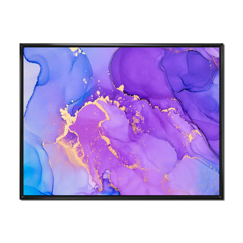 «Mauve et bleu luxe abstrait fluide» - Peinture sur toile, H 24 po x l 32 po x P 1 po, Cadre flottant noir
