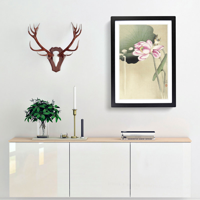 Songbird & Lotus by Ohara Koson - Picture Frame Painting Print, 48cm H x 36cm W x 2cm D, Black Framed
