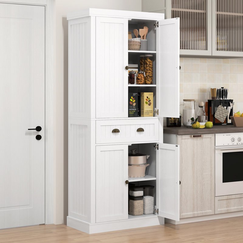 Garde-manger autoportant 72 po, blanc vieilli, 4 portes à fermeture en douceur, 2 tablettes réglables, tiroir pour armoire d'organisation, boîtes à pain