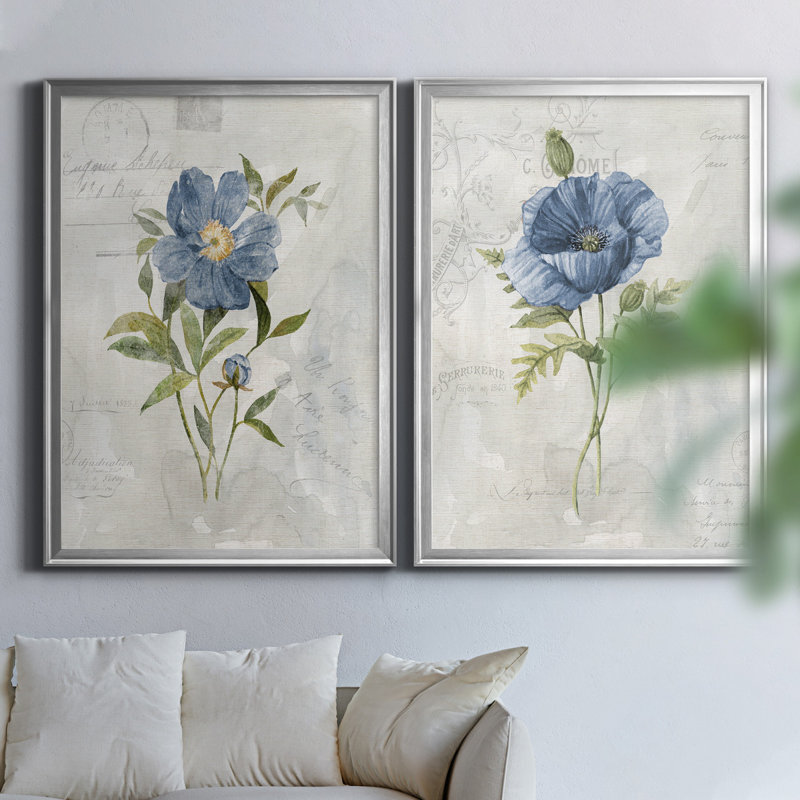 Blue Linen Peony - ensemble de 2 reproductions d'art, H 22,5 po x l 61 po x P 1,5 po, Toile encadrée argentée, Pas de tapis