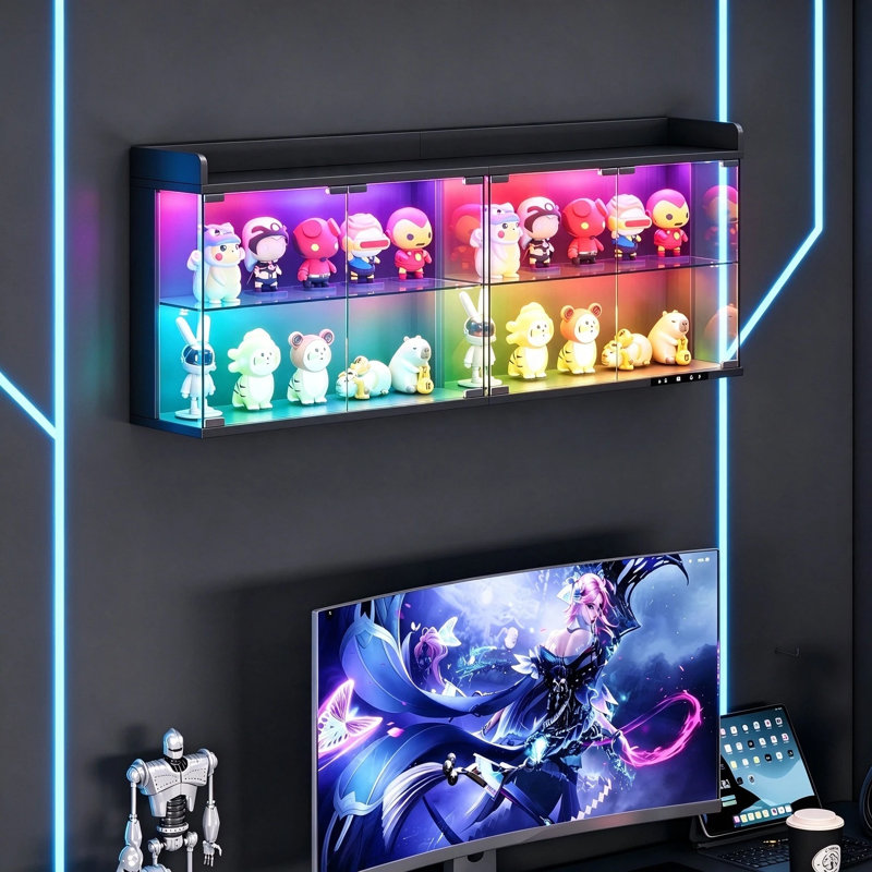 Vitrine murale en verre à 2 niveaux avec lumières à capteur RVB, Noir