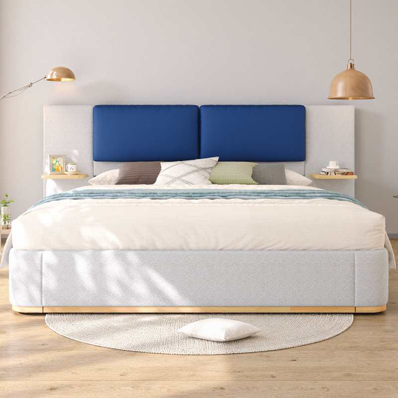 Très grand lit plateforme tapissier avec tablettes de rangement, cadre de lit à panneau en tissu avec coins arrondis doux et tête de lit rembourrée en polyuréthane, aucun sommier requis, capacité de 600 lb