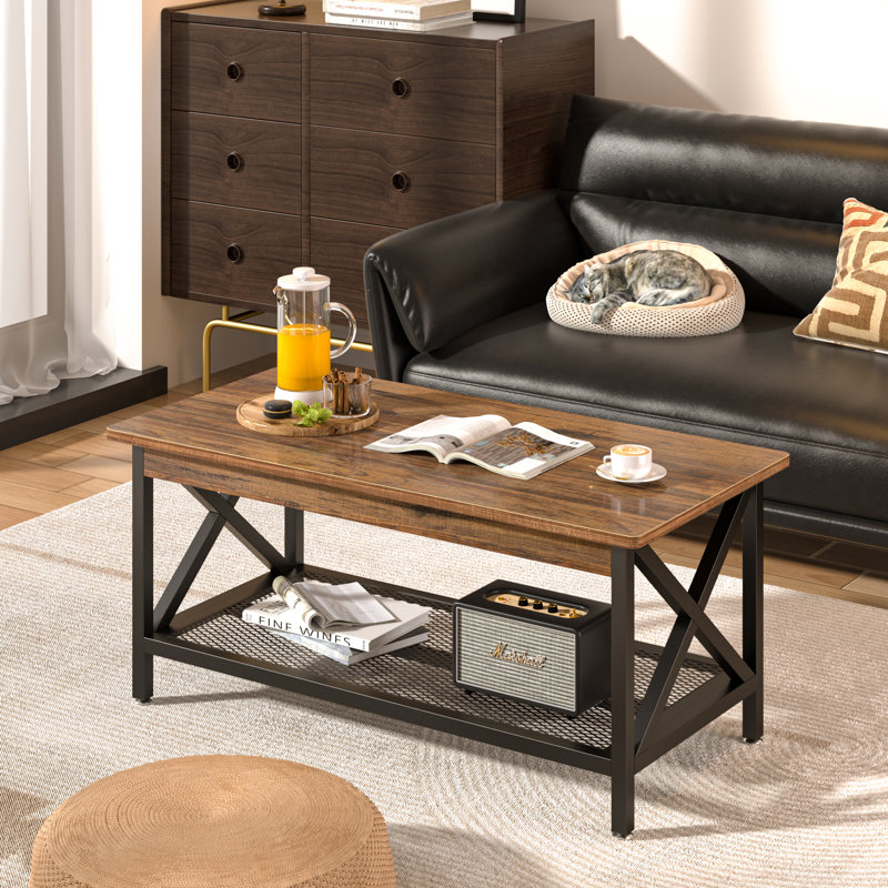 Table basse de style industriel, plateau en bois aggloméré avec structure en métal robuste, Plateau noir / structure noire
