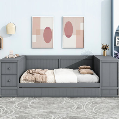 Lit de jour gris simple avec rangement pour accessoires pour cheveux, lit gigogne - Structure en bois robuste