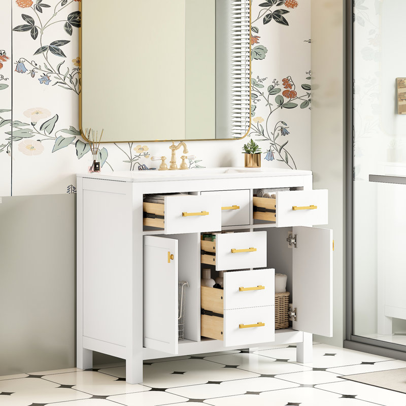 Meuble-lavabo blanc en céramique blanche, armoire en bois massif 36 po, 4 tiroirs et 2 portes, meuble-lavabo moderne et élégant avec lavabo et finition,