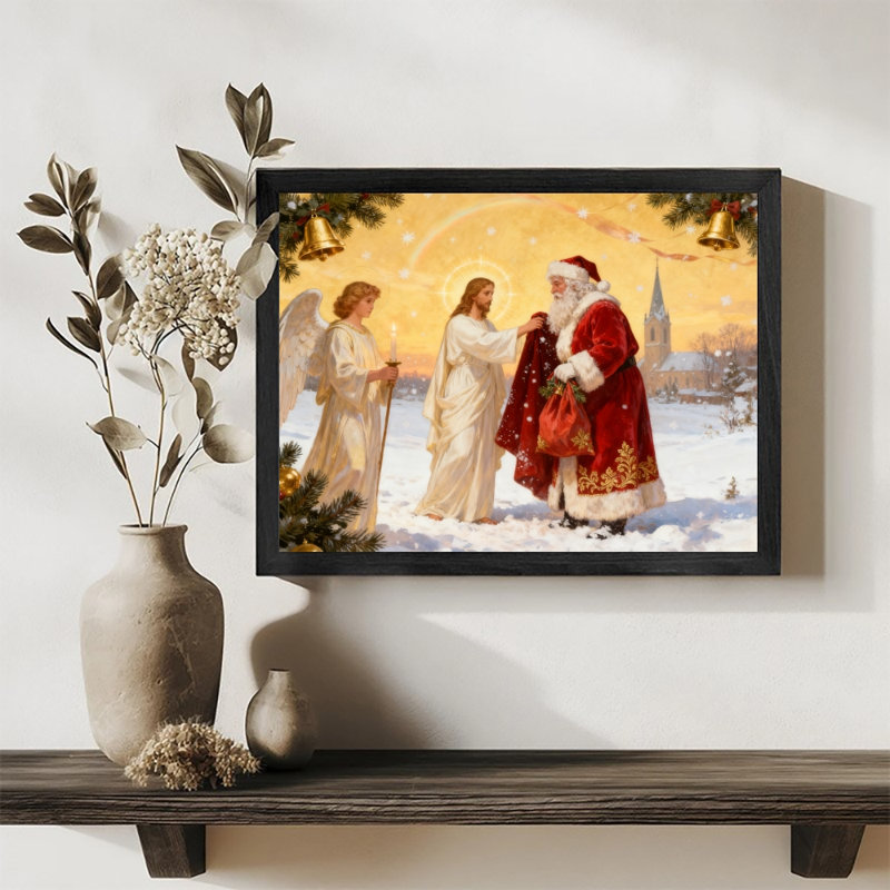 Art encadré noir, cadeau du père Noël donnant le comportement et rédempteur de Jésus, impressions sur toile de style rétro
