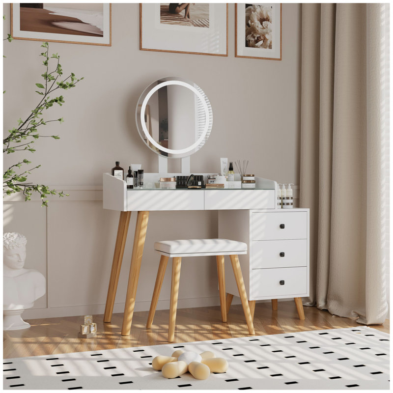 Dressing Table with LED Lights Glass Top Dressing Table with Extendable Side Table 5 Drawers Dressing Table with Mirror and Stool for Bedroom
