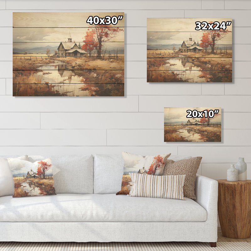 Peaceful Barnyard Landscape - Art mural en bois de ferme sur bois de pin naturel, H 30 po x l 40 po