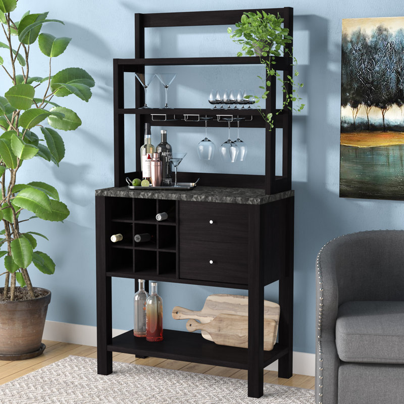 Billyjack 31'' Bar Cabinet, Black Faux Marble/Espresso