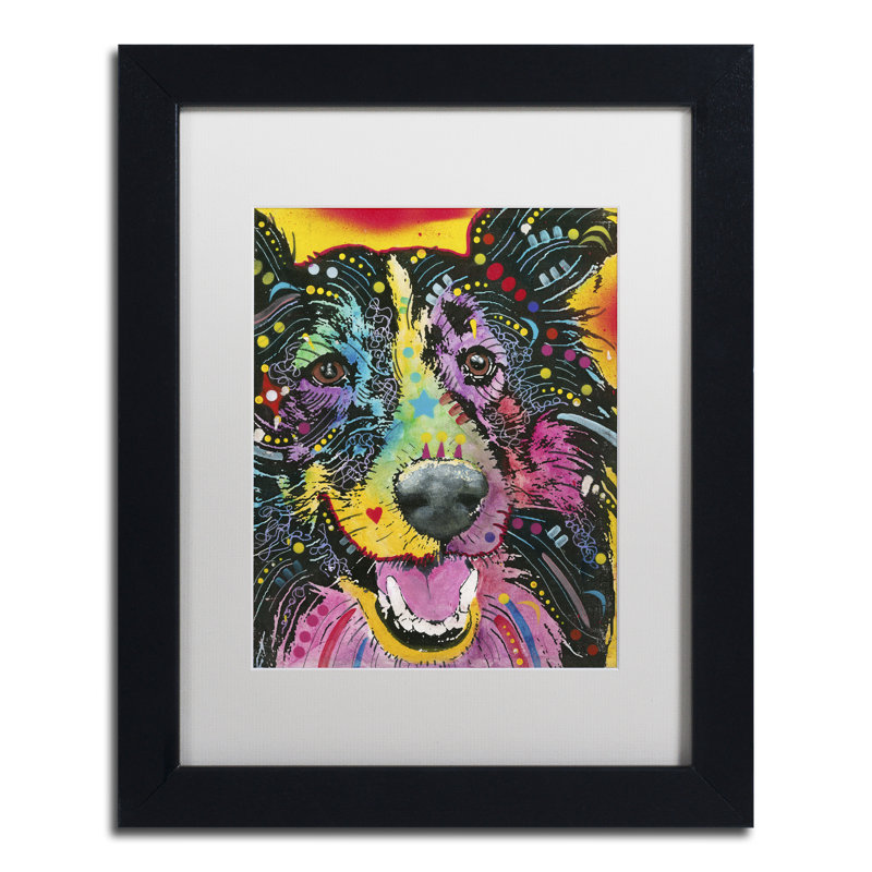 Collie souriant, reproduction d’art sur toile encadrée, H 14 po x l 11 po x P 0,5 po, Blanc