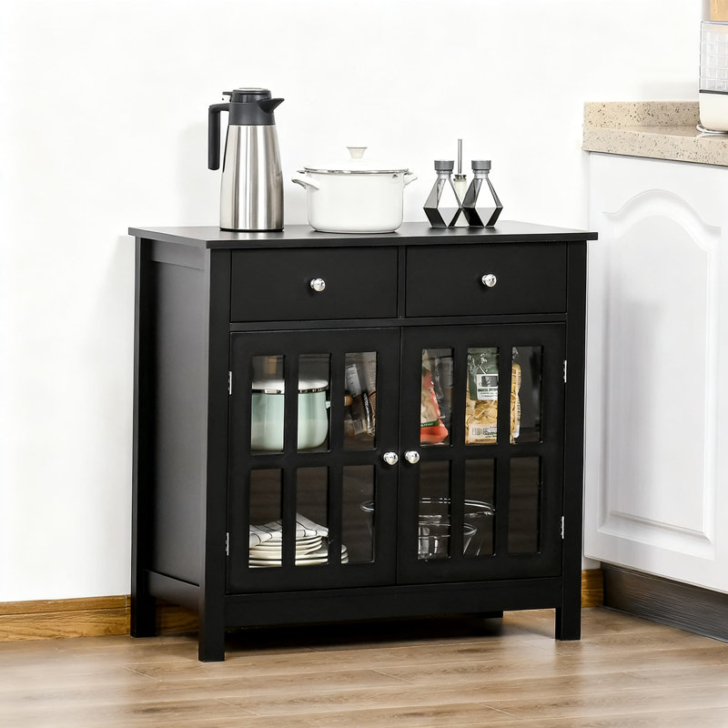 Buffet avec portes en verre, tablette réglable et 2 tiroirs pour le rangement de la cuisine et du salon