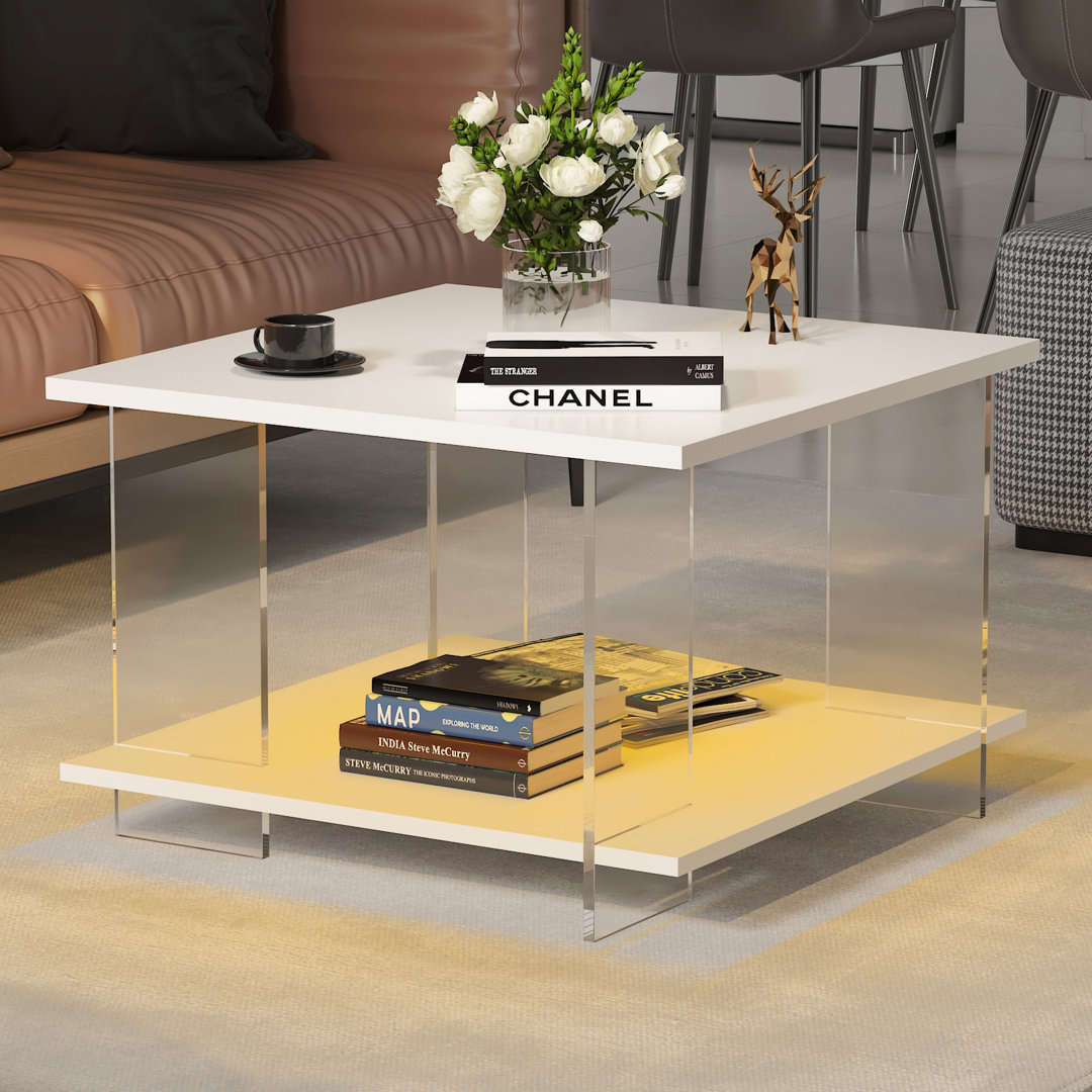 Daijana Acryl-Couchtisch für Wohnzimmer, transparent, Tisch mit offenem Aufbewahrungsregal, Weiß, 60