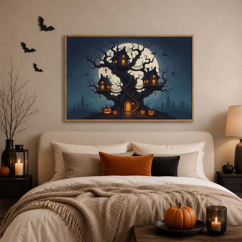 «Spooky Treehouse Under Full Moon With Pumpkins», art mural sur toile d'Halloween, H 18 po x l 24 po