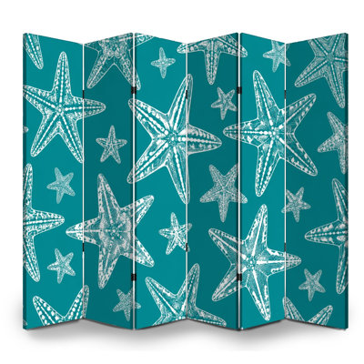 6 Panels Folding Screen Room Divider Royal Teal White Starfish Canvas Screen Room Separator Freestanding Protective Wall Divider Privacy Partition
